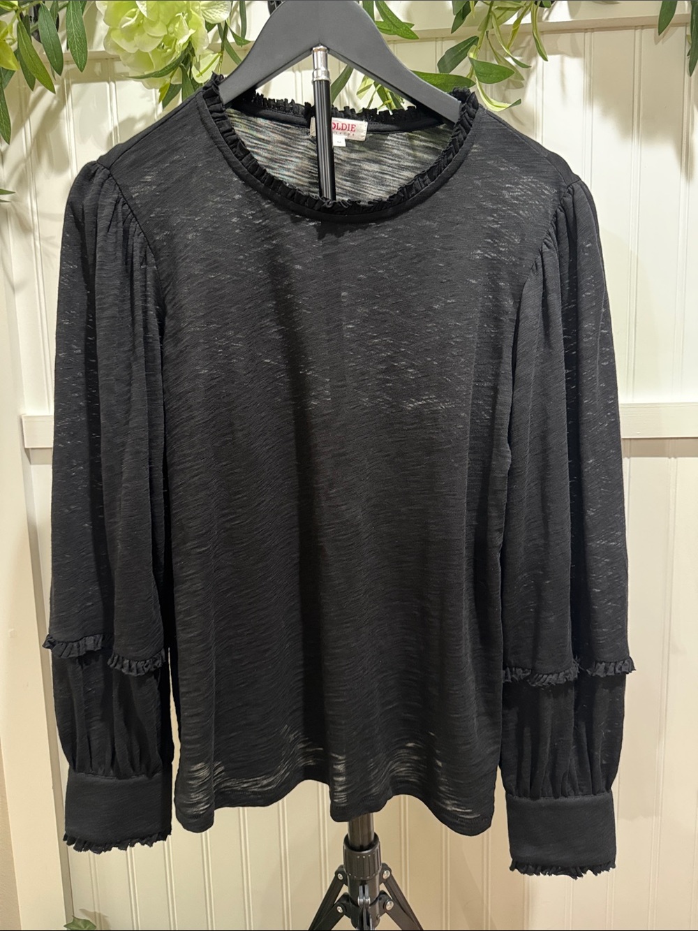 #519 GOLDIE Black Semi-Sheer Pima Cotton Ruffle-Trim Long Sleeve Blouse